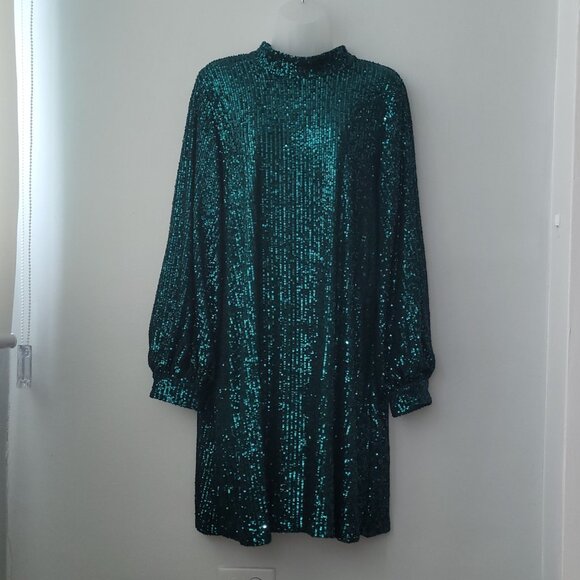 Eloquii Mock Neck Sequin Dress with Puff Sleeves Size 16 (NWT) - Picture 2 of 11